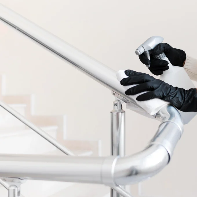 hands-with-gloves-disinfecting-hand-rail